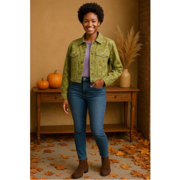 229 Wild Fable Green Floral Cropped Denim Jacket - Picture 1 of 5
